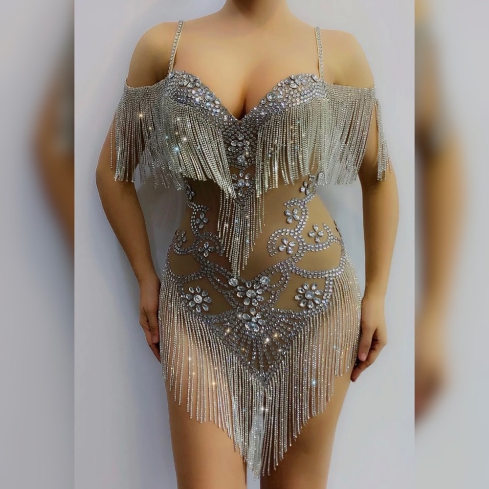 Stunning Crystal embellished tasseled mesh dress